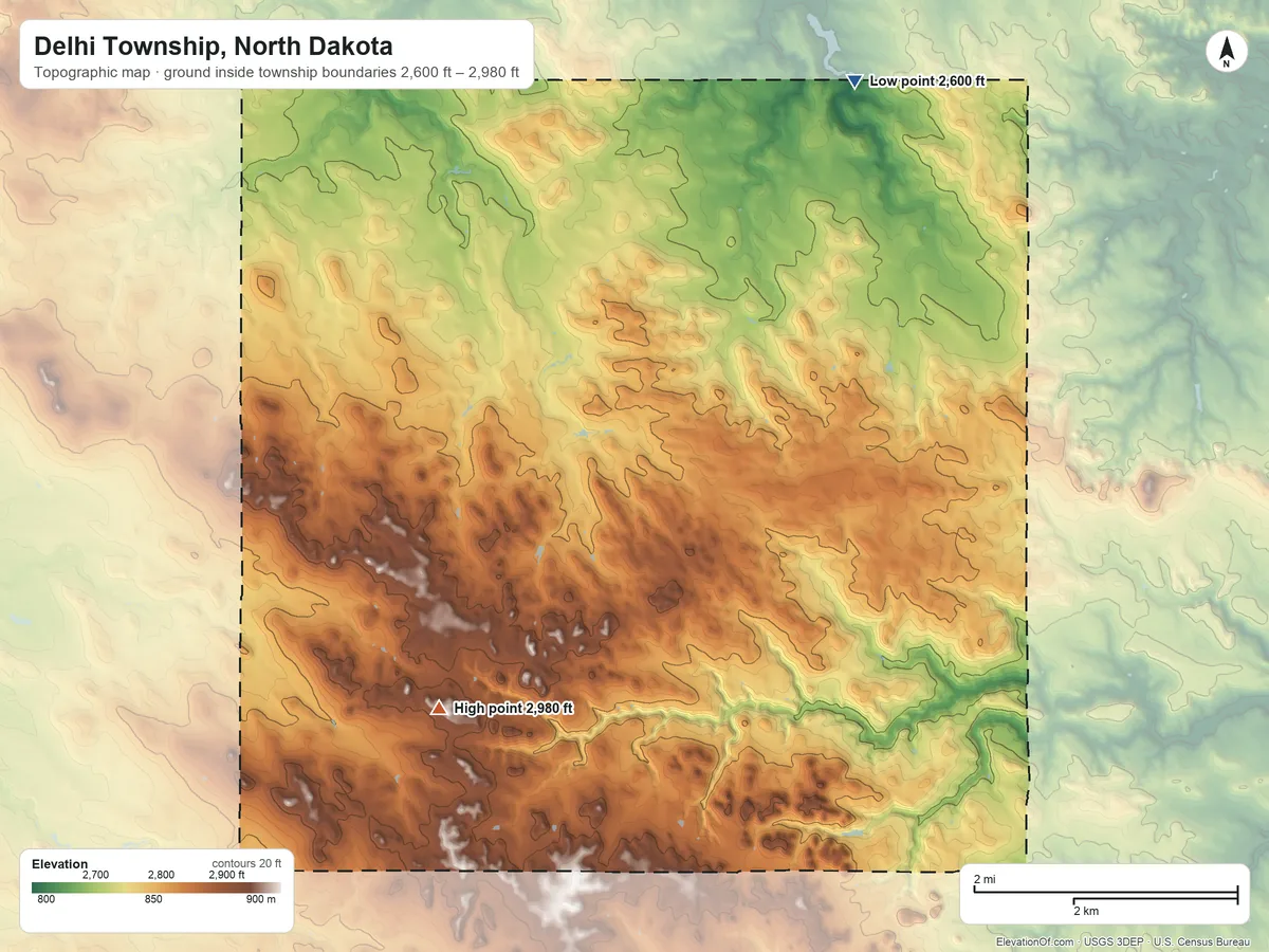 Topographic elevation map of Delhi Township, North Dakota, shaded from 2,600 ft near the middle to 2,980 ft on the southwest side