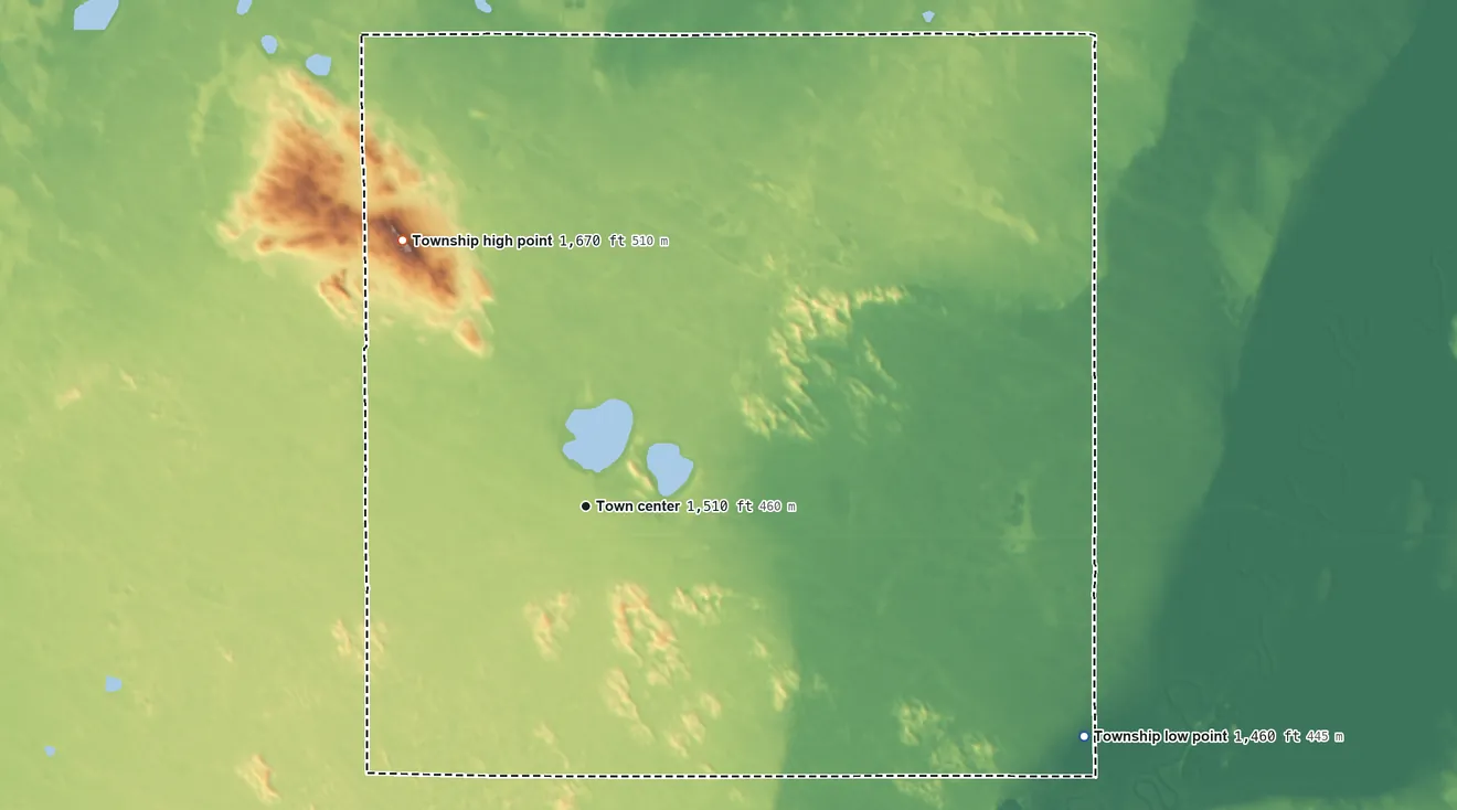 Topographic elevation map of Denbigh Township, North Dakota, shaded from 1,460 ft on the southeast side to 1,670 ft on the northwest side