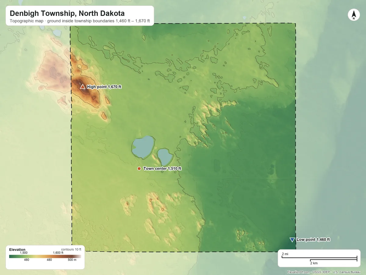 Topographic elevation map of Denbigh Township, North Dakota, shaded from 1,460 ft on the southeast side to 1,670 ft on the northwest side