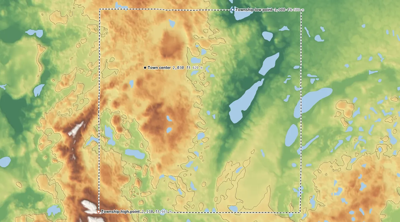 Topographic elevation map of Denhoff Township, North Dakota, shaded from 1,900 ft on the northeast side to 2,170 ft on the south side