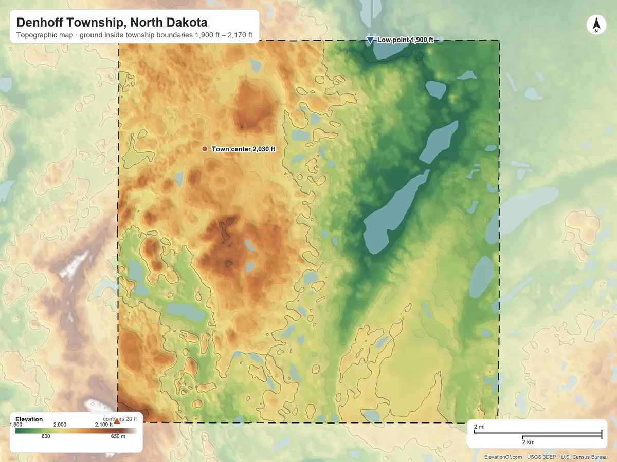 Topographic elevation map of Denhoff Township, North Dakota, shaded from 1,900 ft on the northeast side to 2,170 ft on the south side