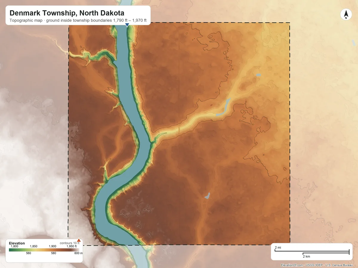 Topographic elevation map of Denmark Township, North Dakota, shaded from 1,790 ft on the northwest side to 1,970 ft on the southwest side