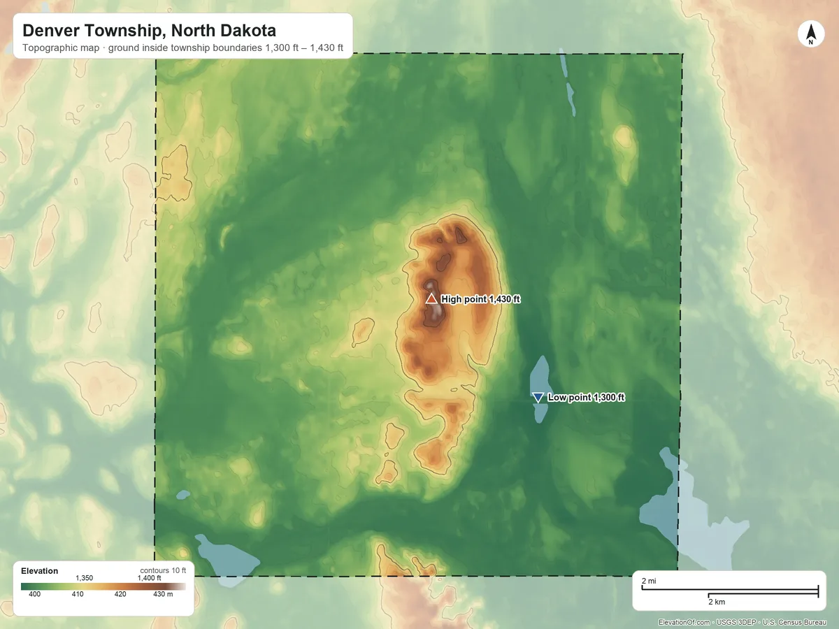 Topographic elevation map of Denver Township, North Dakota, shaded from 1,300 ft on the east side to 1,430 ft on the northeast side
