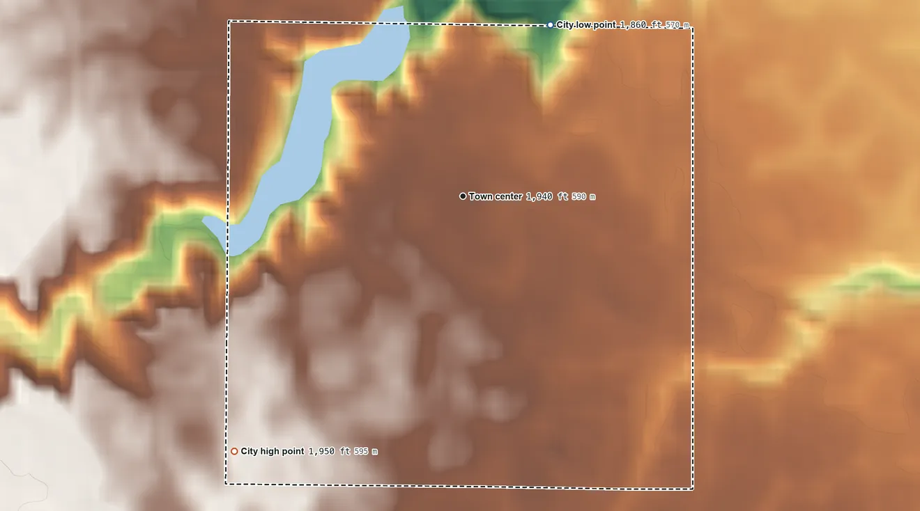 Topographic elevation map of Des Lacs, North Dakota, shaded from 1,860 ft on the northeast side to 1,950 ft on the southwest side