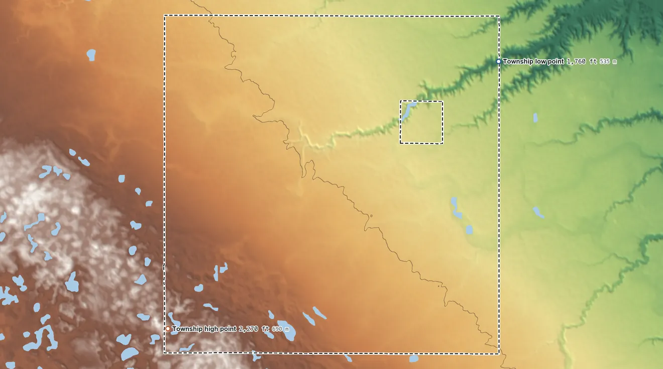 Topographic elevation map of Des Lacs Township, North Dakota, shaded from 1,760 ft on the northeast side to 2,270 ft on the southwest side