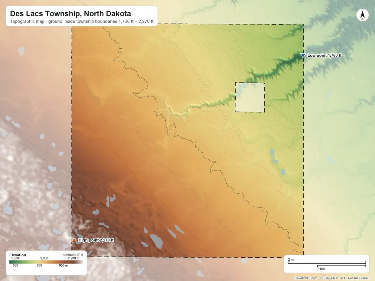 Topographic elevation map of Des Lacs Township, North Dakota, shaded from 1,760 ft on the northeast side to 2,270 ft on the southwest side