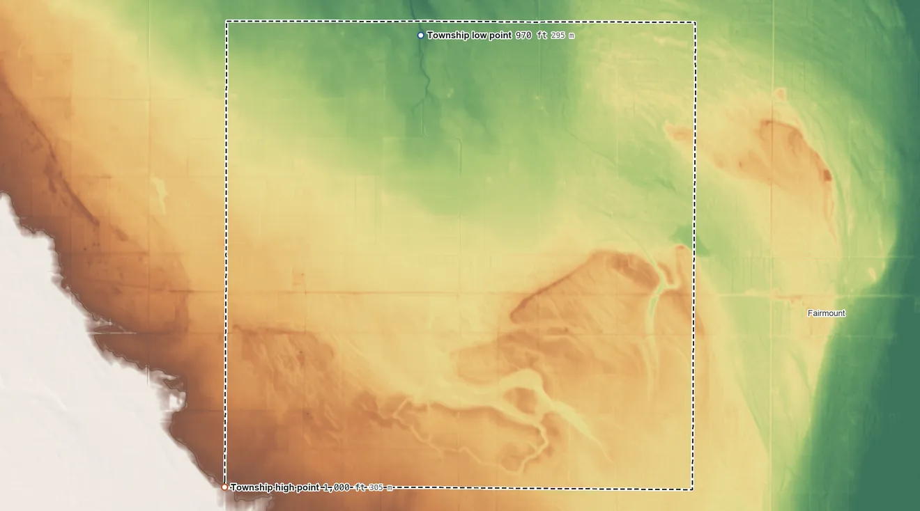 Topographic elevation map of Devillo Township, North Dakota, shaded from 970 ft on the north side to 1,000 ft on the southwest side