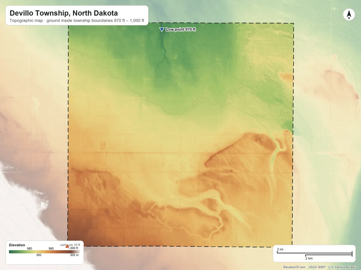 Topographic elevation map of Devillo Township, North Dakota, shaded from 970 ft on the north side to 1,000 ft on the southwest side