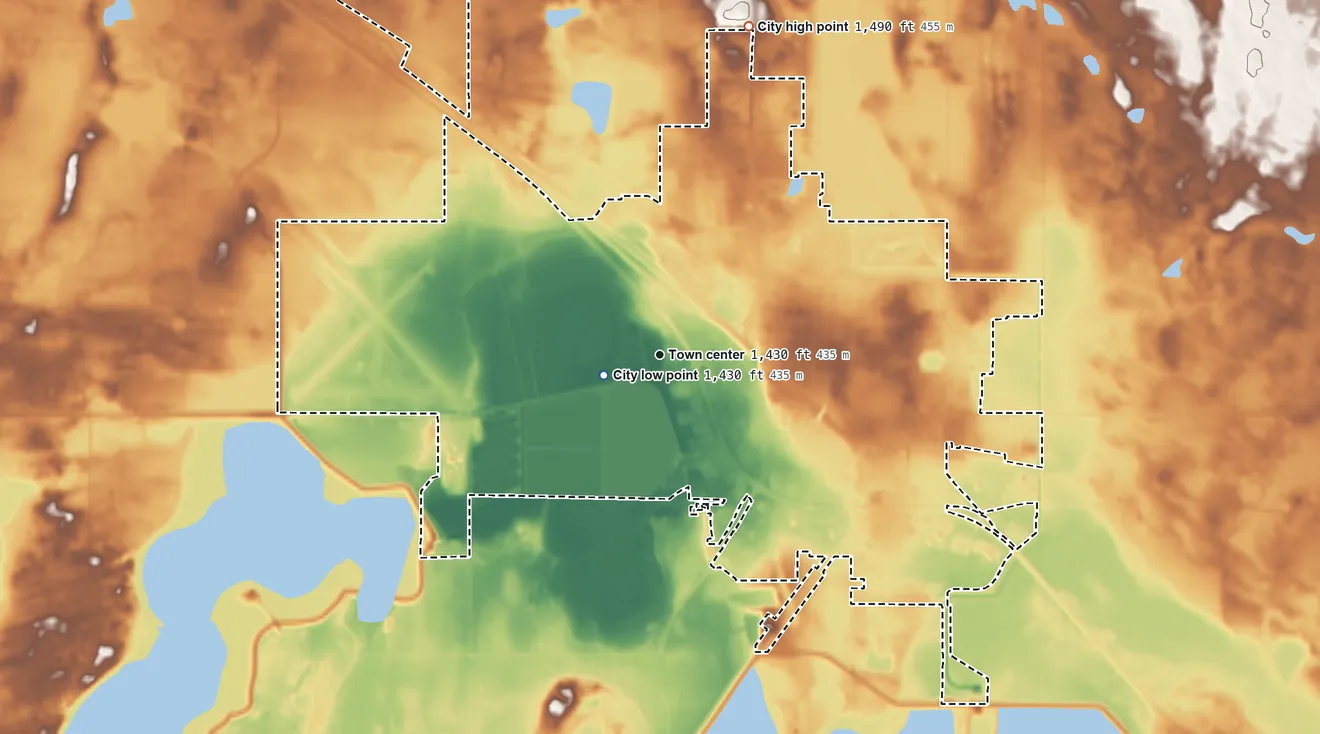Topographic elevation map of Devils Lake, North Dakota, shaded from 1,430 ft near the middle to 1,490 ft on the north side