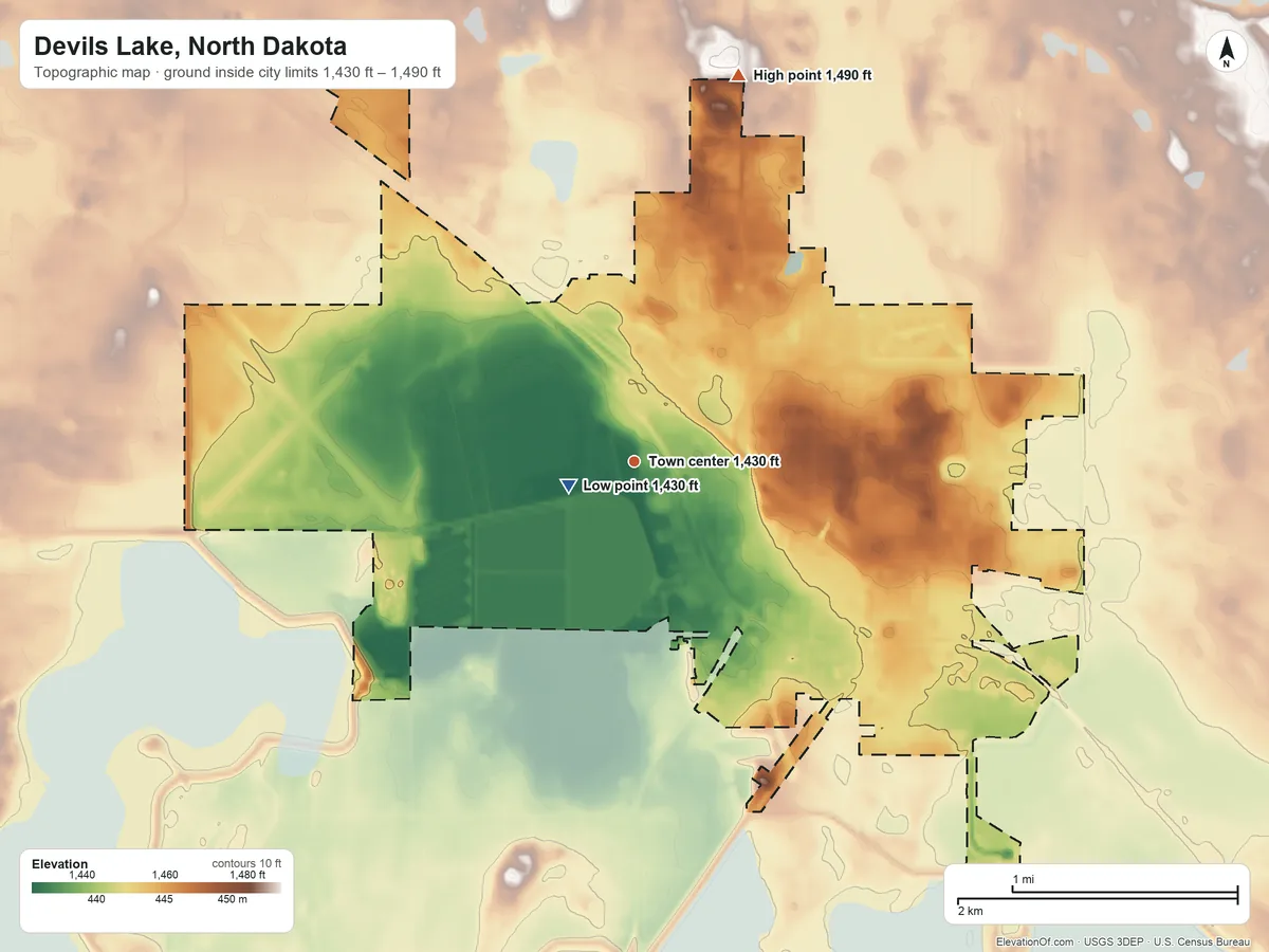 Topographic elevation map of Devils Lake, North Dakota, shaded from 1,430 ft near the middle to 1,490 ft on the north side
