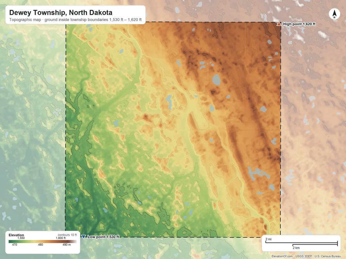 Topographic elevation map of Dewey Township, North Dakota, shaded from 1,530 ft on the southwest side to 1,620 ft on the northeast side