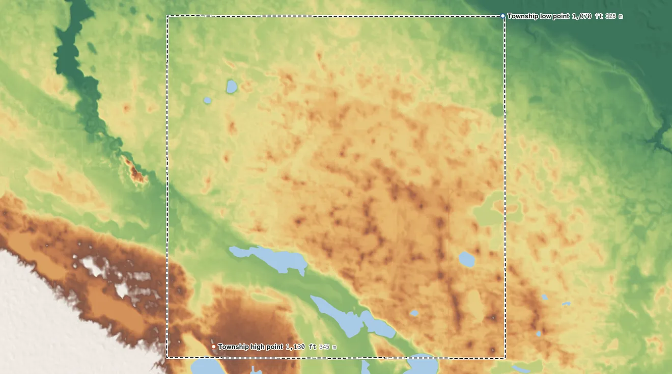 Topographic elevation map of Dexter Township, North Dakota, shaded from 1,070 ft on the northeast side to 1,130 ft on the southwest side