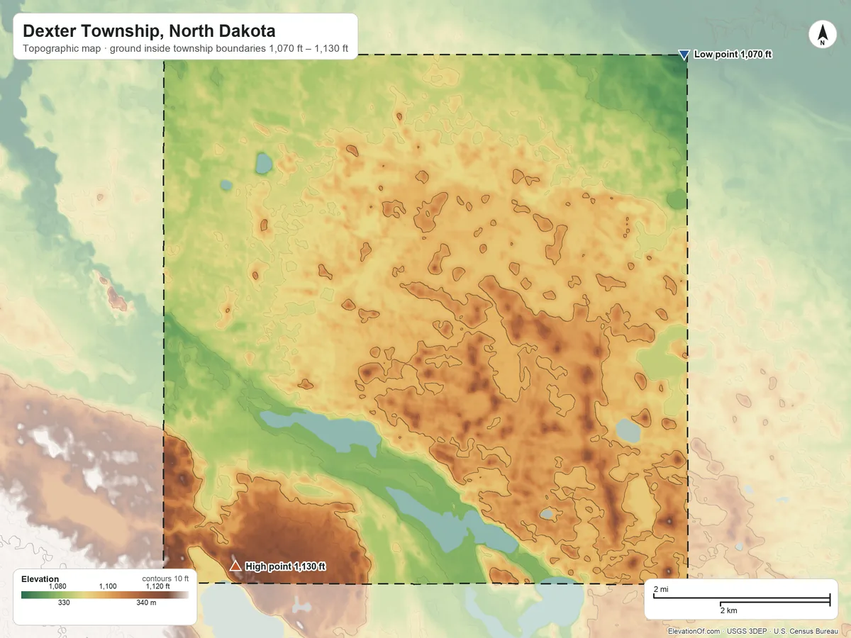 Topographic elevation map of Dexter Township, North Dakota, shaded from 1,070 ft on the northeast side to 1,130 ft on the southwest side