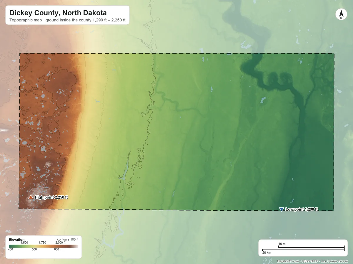Topographic elevation map of Dickey County, North Dakota, shaded from 1,290 ft on the southeast side to 2,250 ft on the southwest side