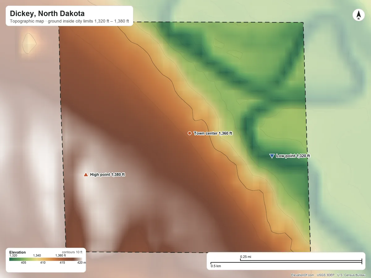 Topographic elevation map of Dickey, North Dakota, shaded from 1,320 ft on the east side to 1,380 ft on the west side