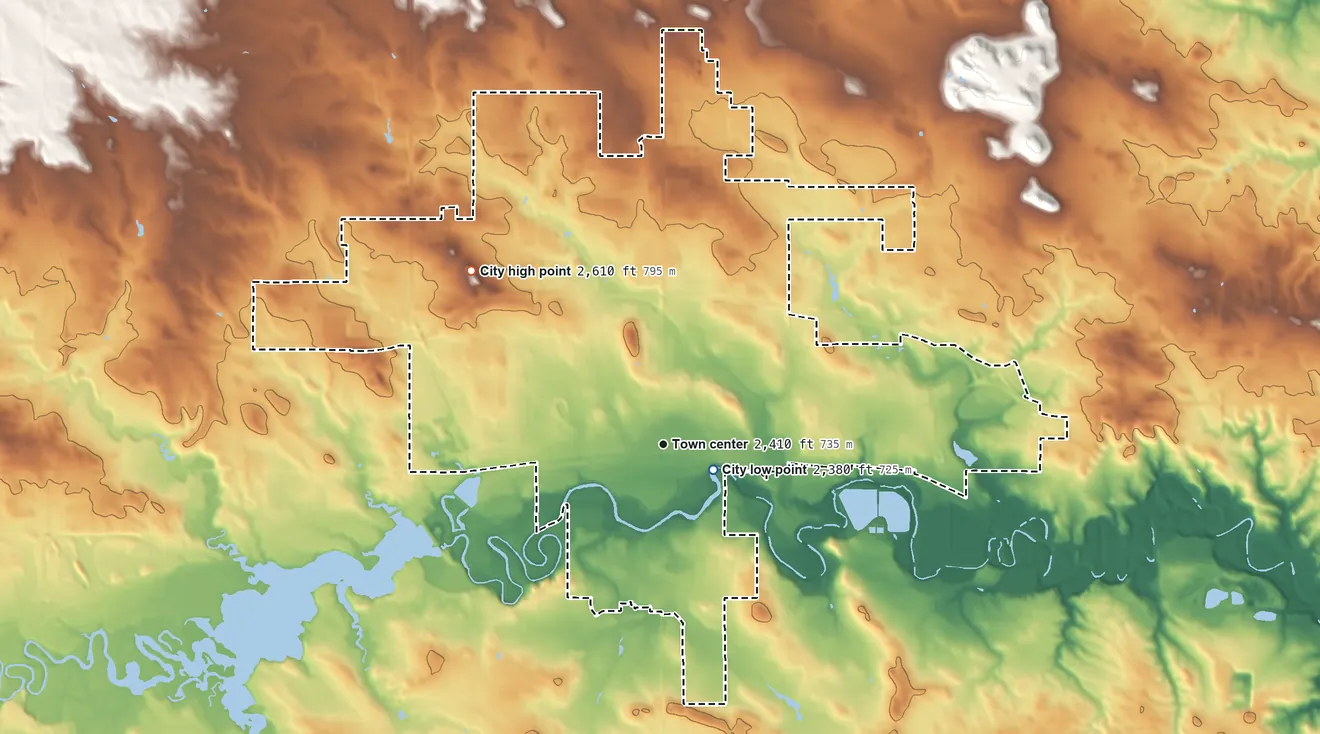 Topographic elevation map of Dickinson, North Dakota, shaded from 2,380 ft near the middle to 2,610 ft on the northwest side