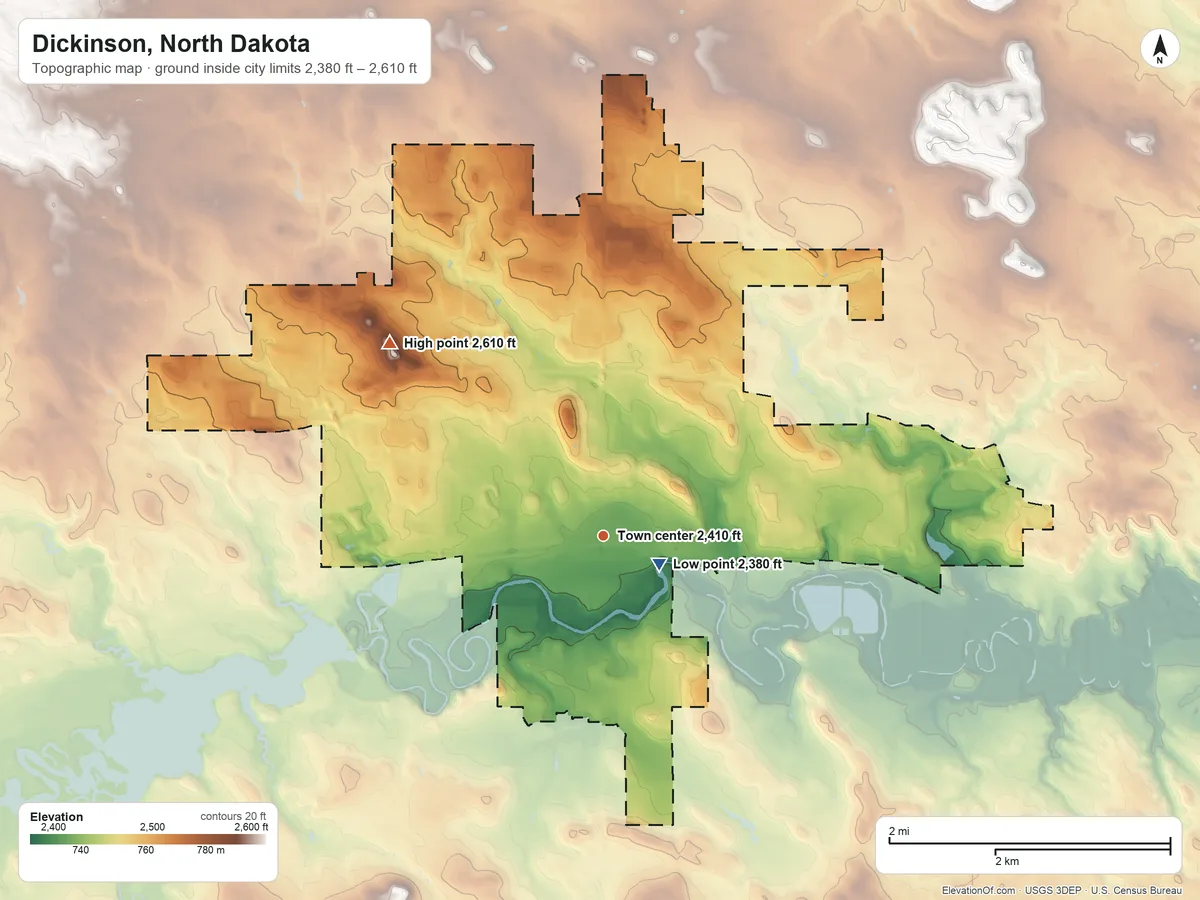 Topographic elevation map of Dickinson, North Dakota, shaded from 2,380 ft near the middle to 2,610 ft on the northwest side