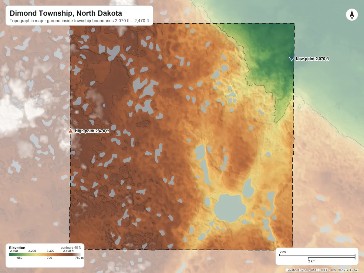 Topographic elevation map of Dimond Township, North Dakota, shaded from 2,070 ft on the east side to 2,470 ft on the west side