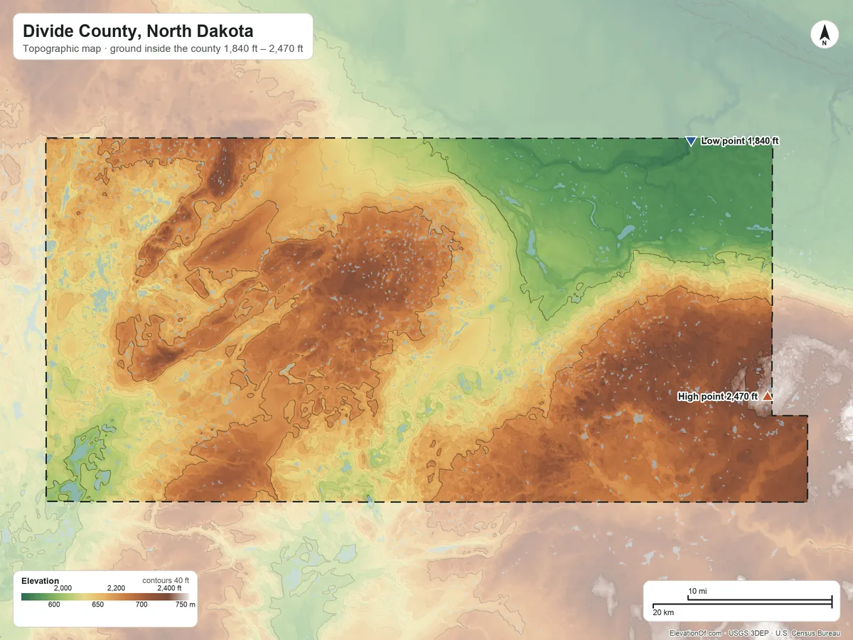 Topographic elevation map of Divide County, North Dakota, shaded from 1,840 ft on the northeast side to 2,470 ft on the east side
