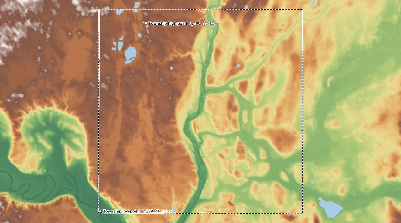 Topographic elevation map of Divide Township, North Dakota, shaded from 1,290 ft on the southwest side to 1,400 ft on the north side