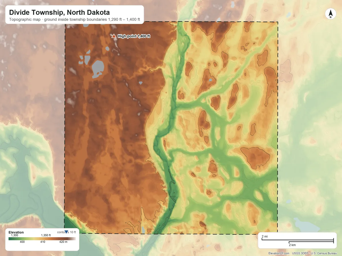 Topographic elevation map of Divide Township, North Dakota, shaded from 1,290 ft on the southwest side to 1,400 ft on the north side