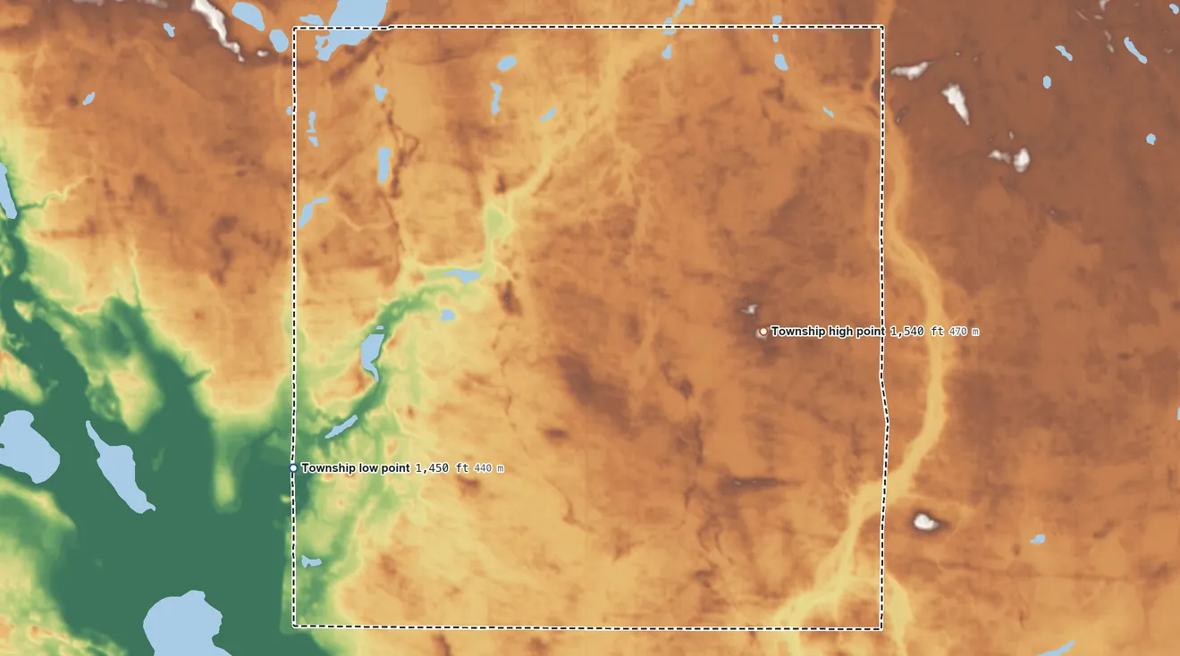 Topographic elevation map of Dodds Township, North Dakota, shaded from 1,450 ft on the southwest side to 1,540 ft on the east side
