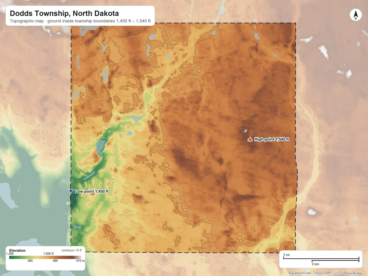Topographic elevation map of Dodds Township, North Dakota, shaded from 1,450 ft on the southwest side to 1,540 ft on the east side