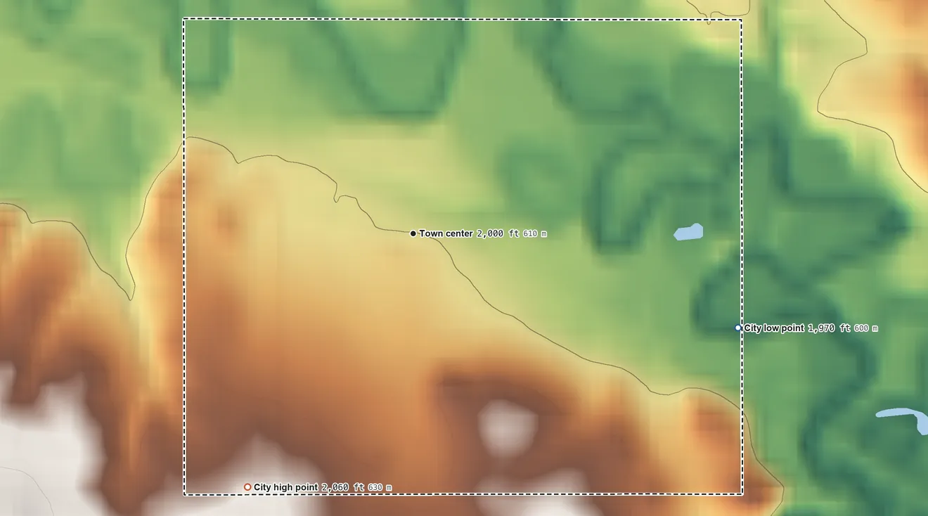 Topographic elevation map of Dodge, North Dakota, shaded from 1,970 ft on the east side to 2,060 ft on the southwest side