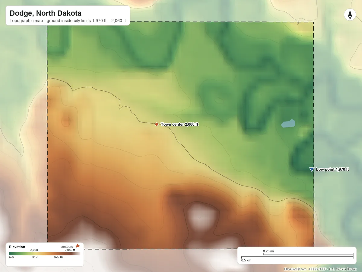 Topographic elevation map of Dodge, North Dakota, shaded from 1,970 ft on the east side to 2,060 ft on the southwest side
