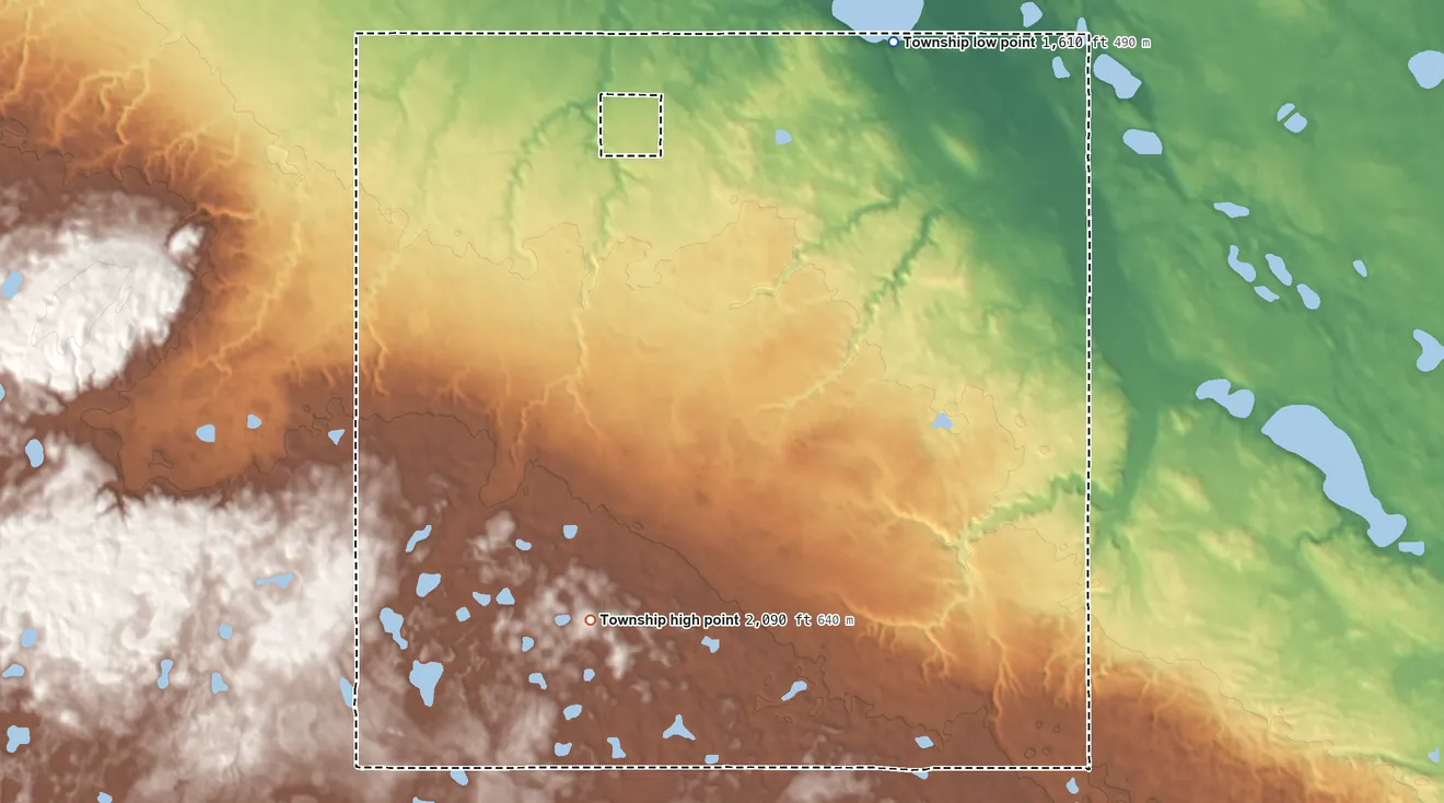 Topographic elevation map of Dogden Township, North Dakota, shaded from 1,610 ft on the north side to 2,090 ft on the west side