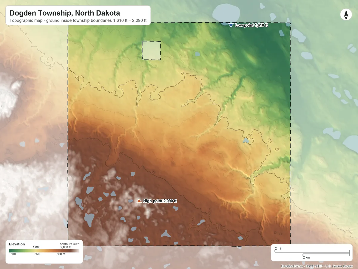 Topographic elevation map of Dogden Township, North Dakota, shaded from 1,610 ft on the north side to 2,090 ft on the west side