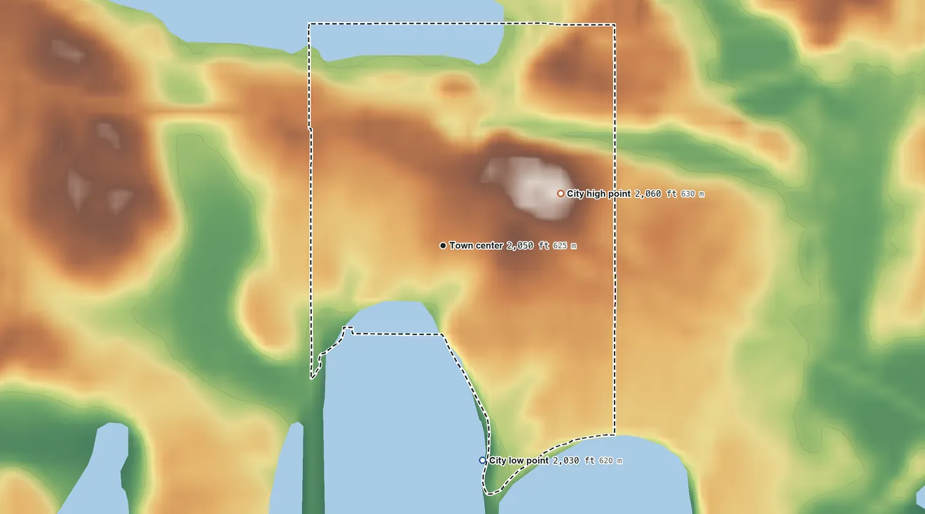Topographic elevation map of Douglas, North Dakota, shaded from 2,030 ft on the south side to 2,060 ft on the northeast side