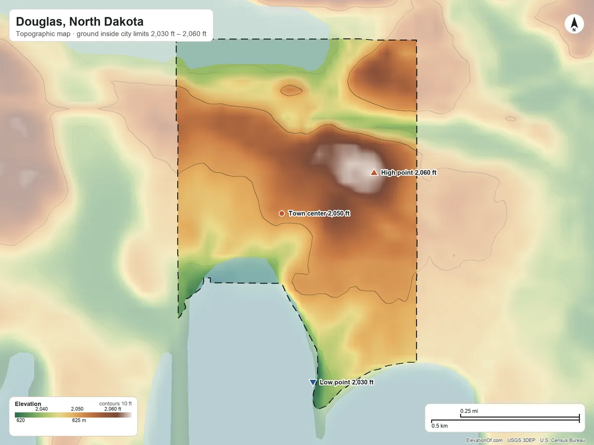 Topographic elevation map of Douglas, North Dakota, shaded from 2,030 ft on the south side to 2,060 ft on the northeast side