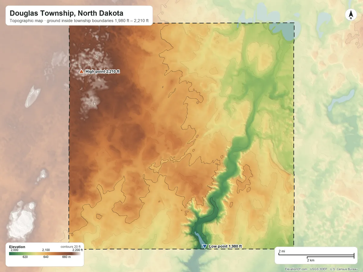 Topographic elevation map of Douglas Township, North Dakota, shaded from 1,980 ft on the south side to 2,210 ft on the west side