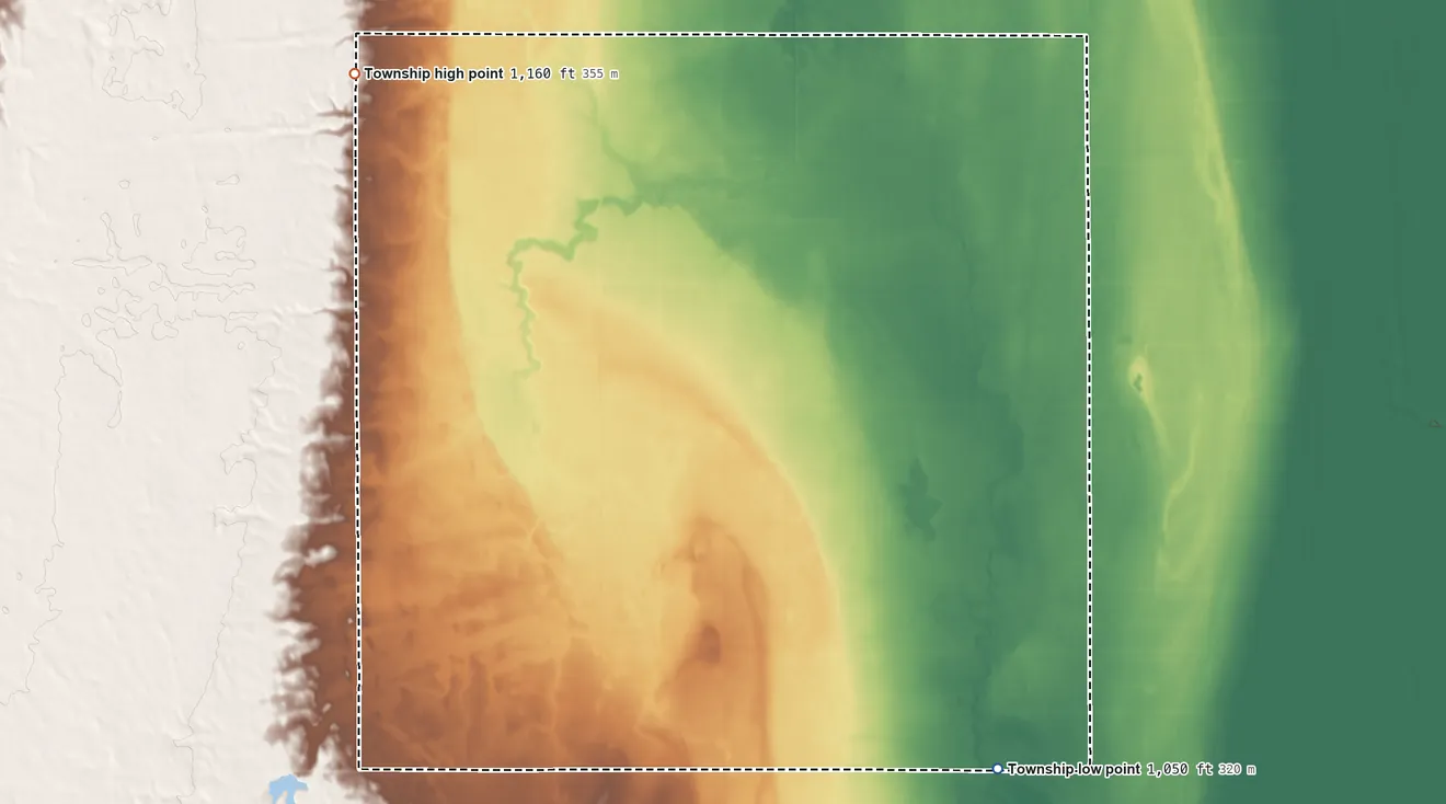 Topographic elevation map of Dows Township, North Dakota, shaded from 1,050 ft on the southeast side to 1,160 ft on the northwest side