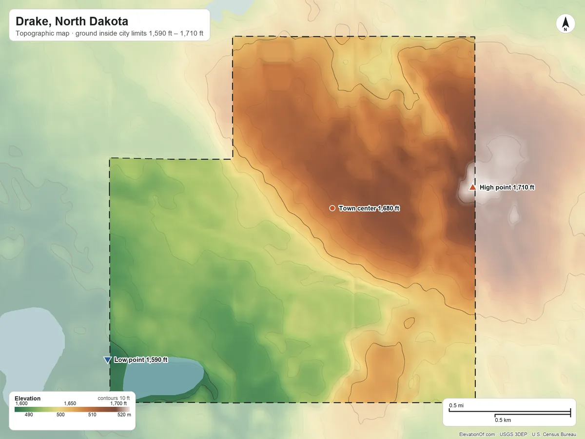 Topographic elevation map of Drake, North Dakota, shaded from 1,590 ft on the southwest side to 1,710 ft on the east side