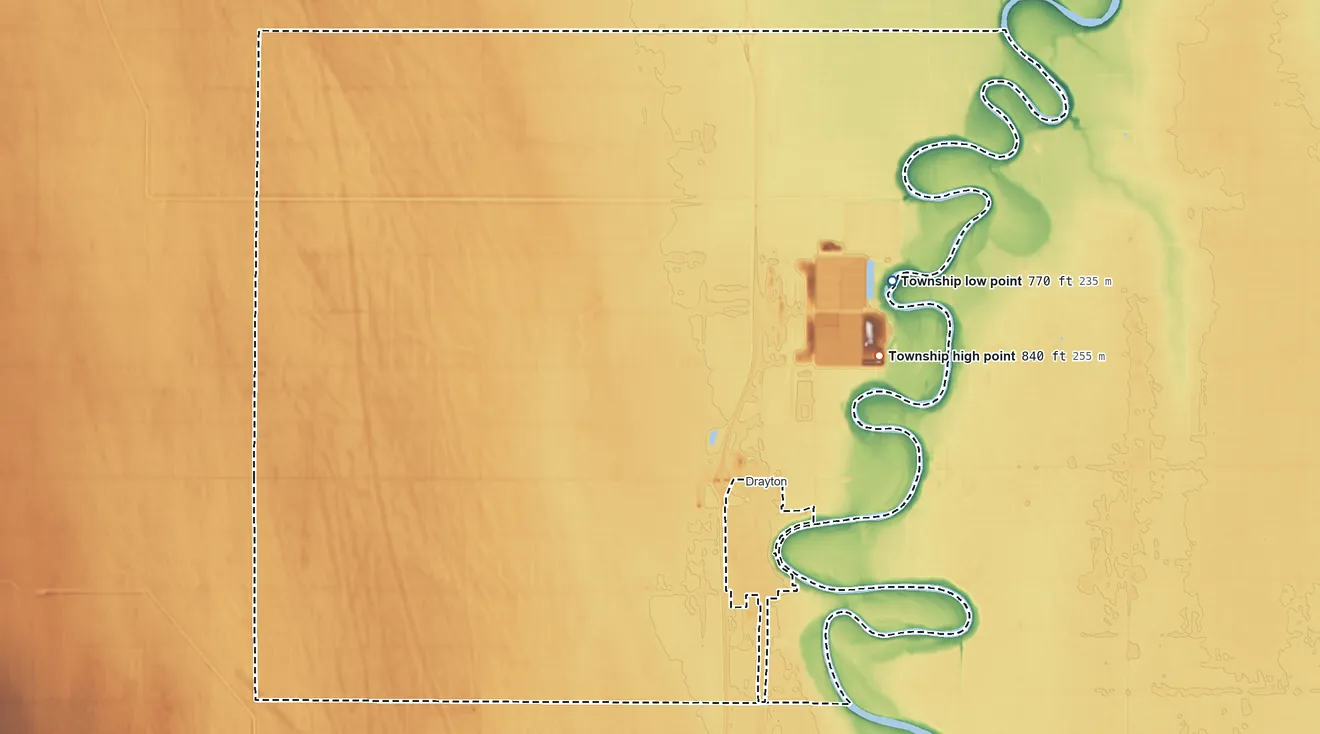 Topographic elevation map of Drayton Township, North Dakota, shaded from 770 ft on the east side to 840 ft on the east side