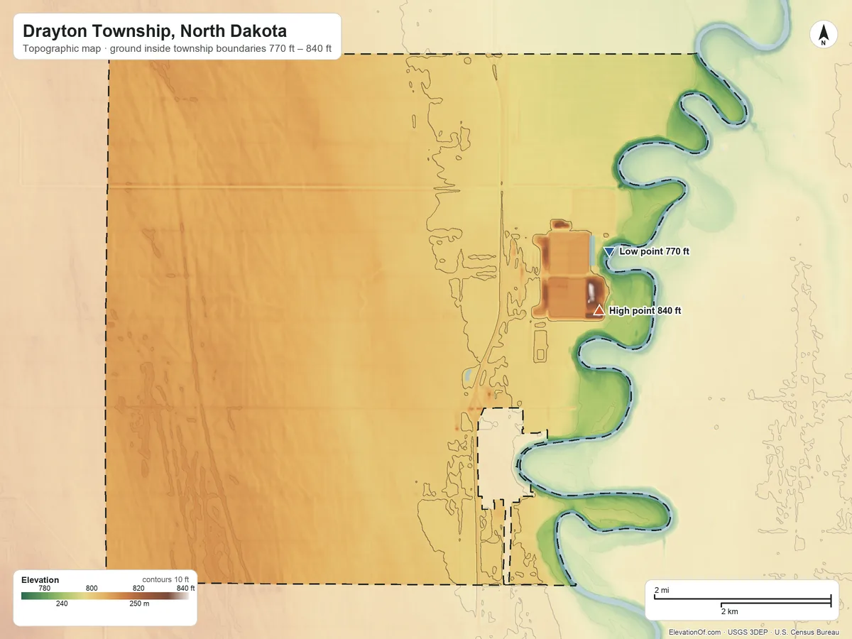Topographic elevation map of Drayton Township, North Dakota, shaded from 770 ft on the east side to 840 ft on the east side