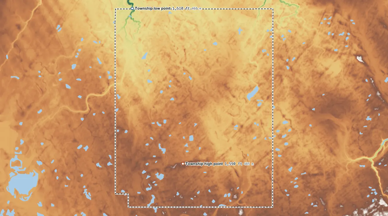Topographic elevation map of Dresden Township, North Dakota, shaded from 1,510 ft on the northwest side to 1,590 ft on the south side