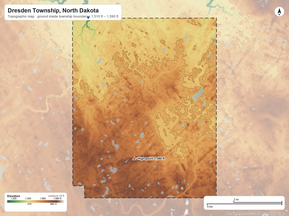Topographic elevation map of Dresden Township, North Dakota, shaded from 1,510 ft on the northwest side to 1,590 ft on the south side