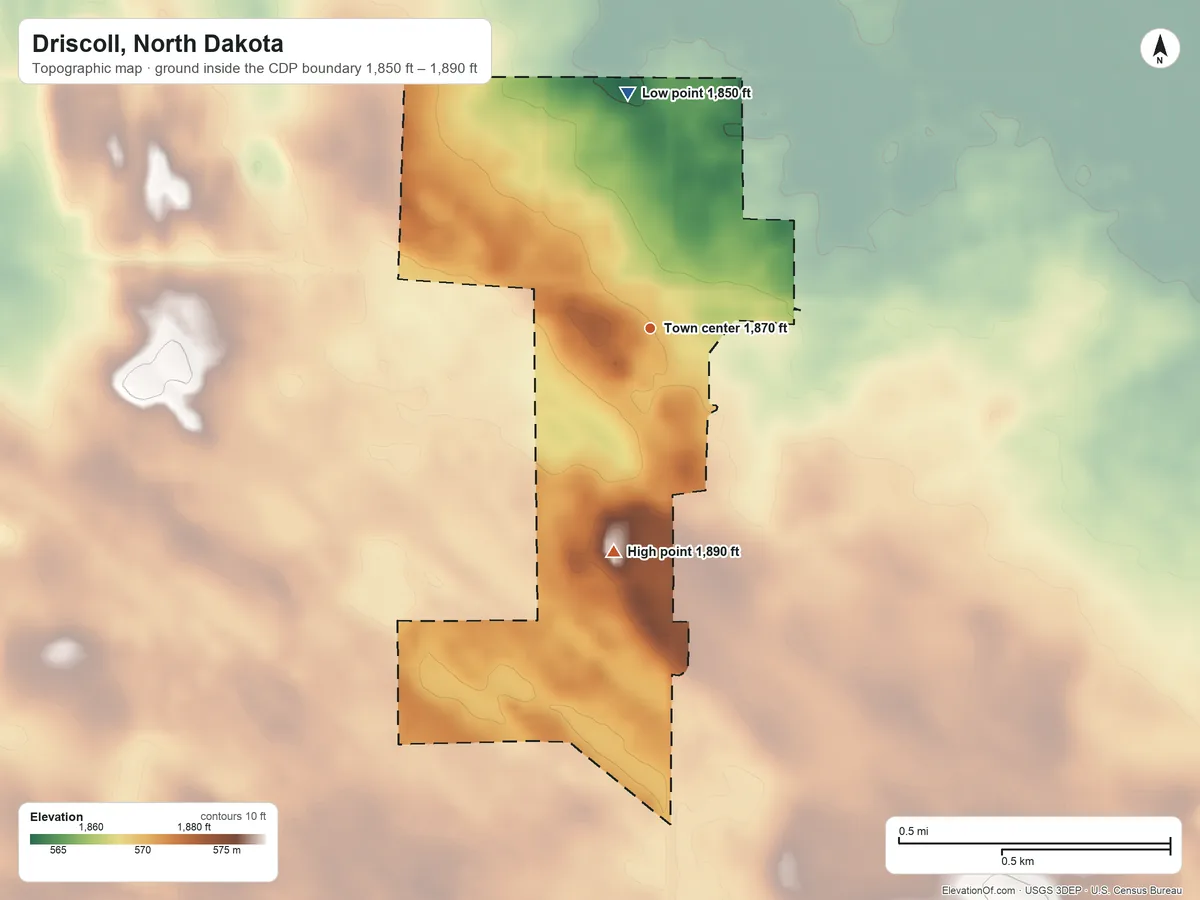 Topographic elevation map of Driscoll, North Dakota, shaded from 1,850 ft on the north side to 1,890 ft on the south side