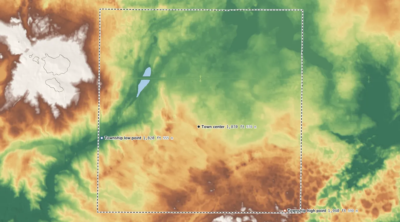 Topographic elevation map of Driscoll Township, North Dakota, shaded from 1,820 ft on the west side to 1,940 ft on the southeast side