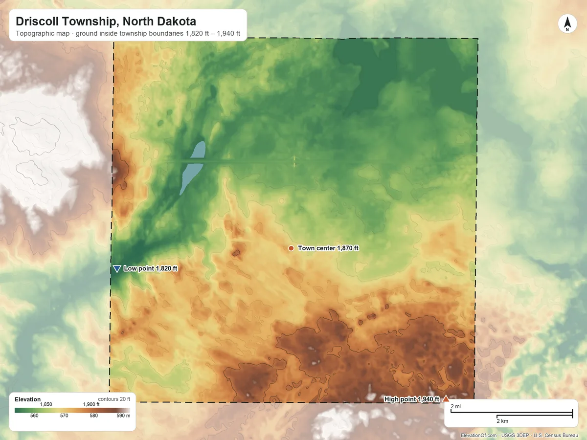 Topographic elevation map of Driscoll Township, North Dakota, shaded from 1,820 ft on the west side to 1,940 ft on the southeast side