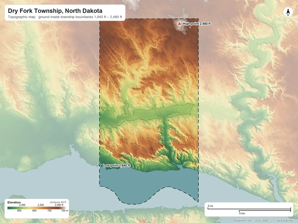 Topographic elevation map of Dry Fork Township, North Dakota, shaded from 1,840 ft on the south side to 2,480 ft on the northeast side