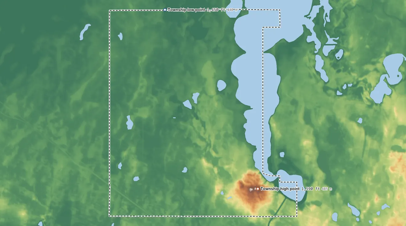 Topographic elevation map of Dry Lake Township, North Dakota, shaded from 1,450 ft on the north side to 1,590 ft on the southeast side