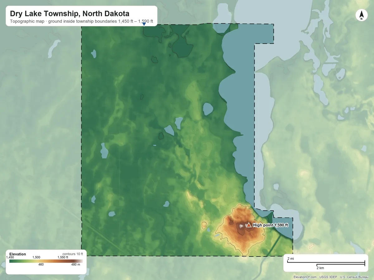 Topographic elevation map of Dry Lake Township, North Dakota, shaded from 1,450 ft on the north side to 1,590 ft on the southeast side