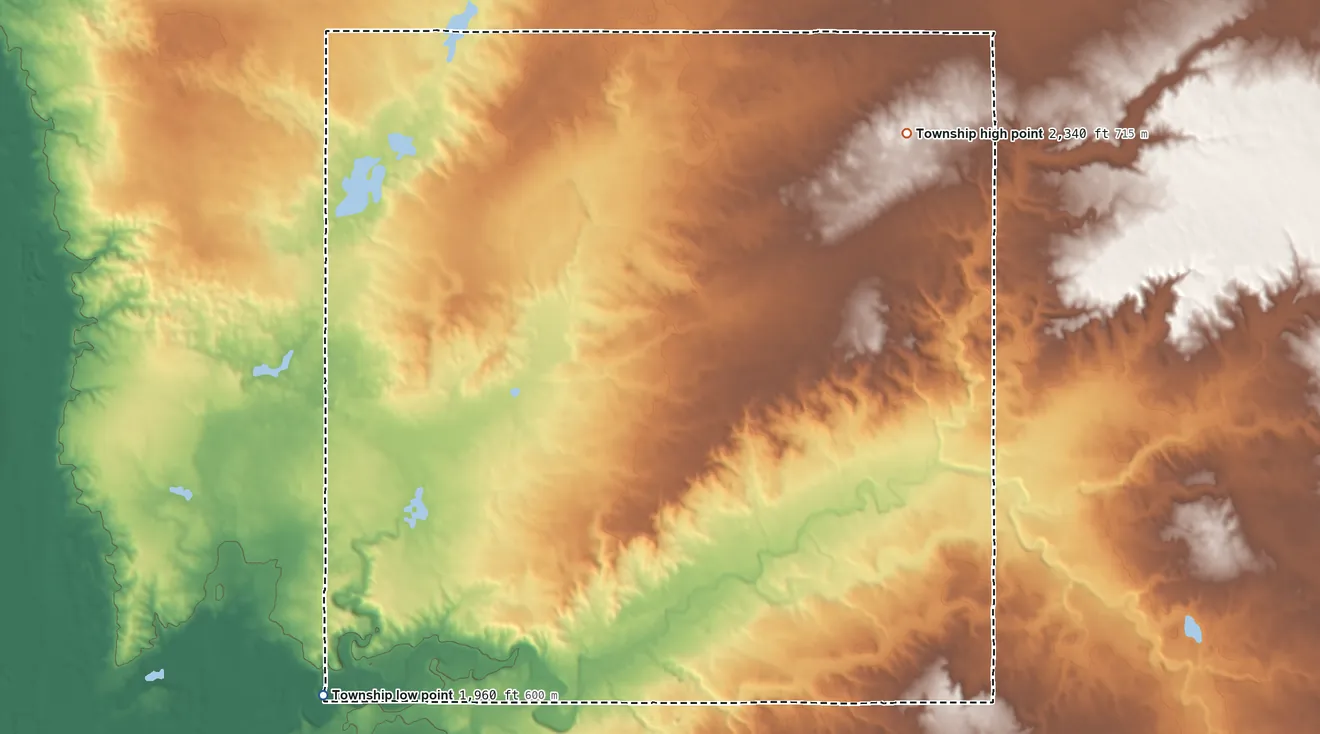 Topographic elevation map of Dublin Township, North Dakota, shaded from 1,960 ft on the southwest side to 2,340 ft on the northeast side