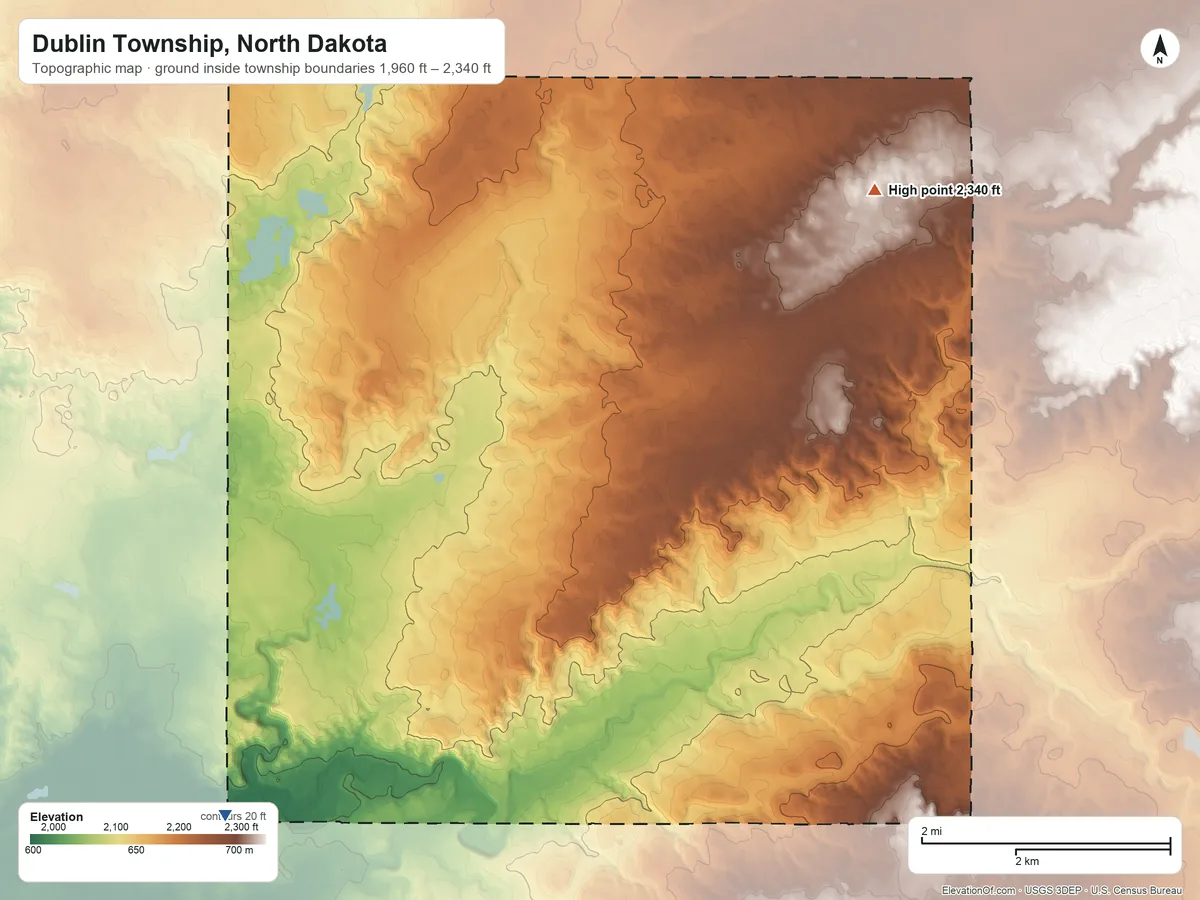 Topographic elevation map of Dublin Township, North Dakota, shaded from 1,960 ft on the southwest side to 2,340 ft on the northeast side
