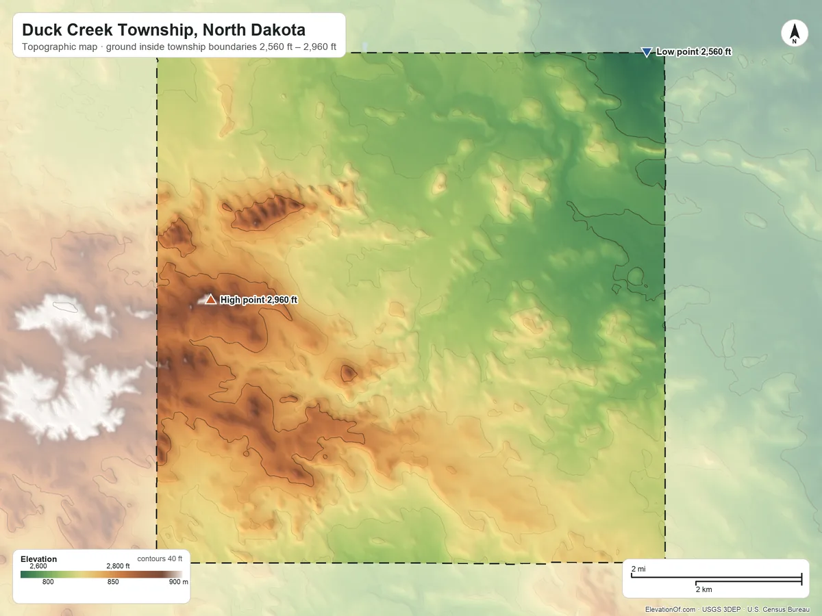Topographic elevation map of Duck Creek Township, North Dakota, shaded from 2,560 ft on the northeast side to 2,960 ft on the west side