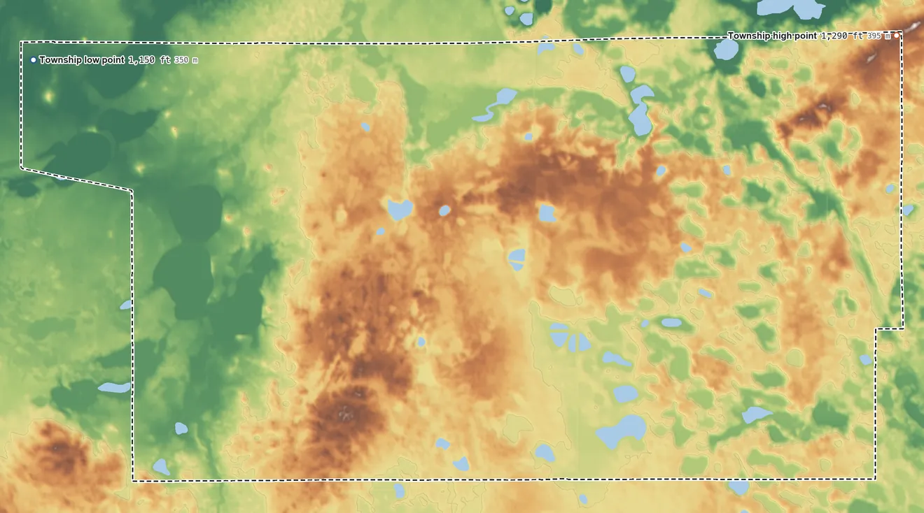 Topographic elevation map of Duerr Township, North Dakota, shaded from 1,150 ft on the west side to 1,290 ft on the northeast side